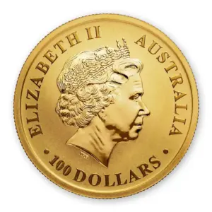 Wertseite der 1 Unze Australian Kangaroo Goldmünze mit dem Porträt des Staatsoberhauptes.