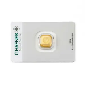 Detailaufnahme der Vorderseite eines gegossenen 1 Unze Goldbarrens von C. Hafner mit Logo, Gewicht und Reinheitsangabe.