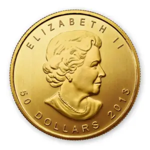 Wertseite der 1 Unze Maple Leaf Goldmünze mit Porträt und Nennwert.