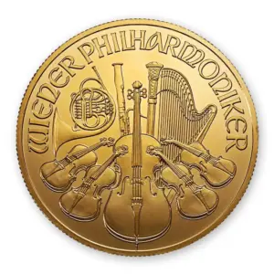 Vorderseite der 1 Unze Wiener Philharmoniker Goldmünze mit der Orgel im Goldenen Saal.