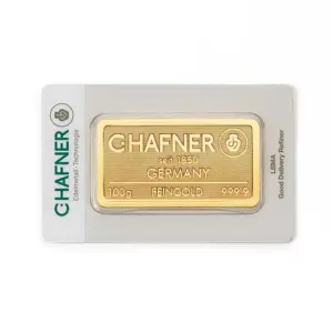 Geprägter 100 Gramm Goldbarren von C. Hafner sicher verpackt in einer Blisterkarte mit Sichtfenster.
