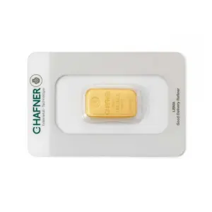 Frontansicht eines gegossenen 250 Gramm Goldbarrens von C. Hafner mit Herstellerstempel, Gewichtsangabe und Reinheit.