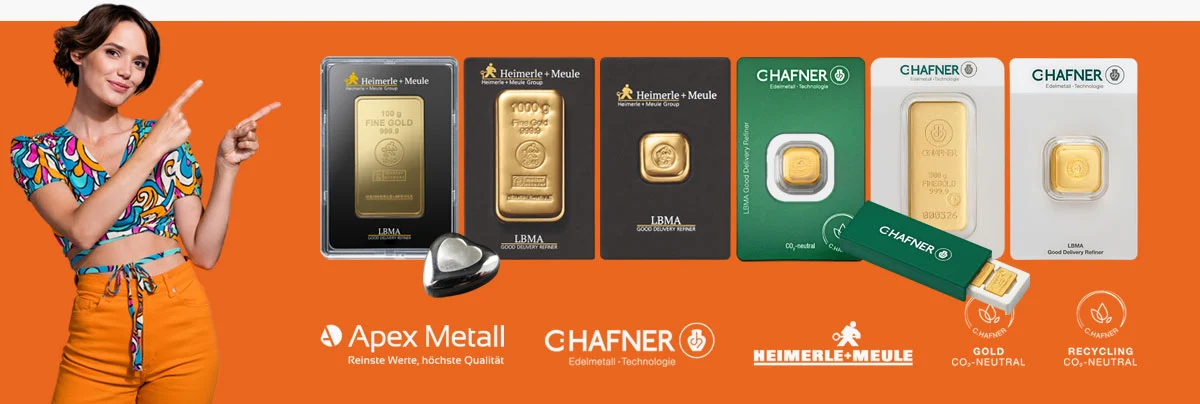 Nahaufnahme von LBMA-zertifizierten Heimerle + Meule und C Hafner Goldbarren in verschiedenen Einheiten. Symbol für Vermögensschutz durch physisches Feingold und die exakte Analyse mittels RFA-Technologie bei Apex Metall.