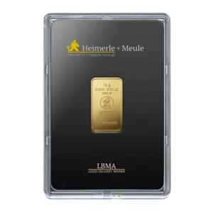 10 Gramm Goldbarren von Heimerle + Meule sicher verpackt in einer schwarzen Kapsel mit LBMA-Zertifikatshinweis.