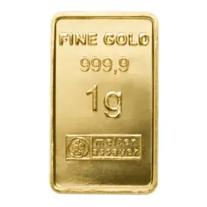 Detailaufnahme der Vorderseite eines geprägten 1 Gramm Goldbarrens von Heimerle + Meule mit Gewichts- und Reinheitsangabe.