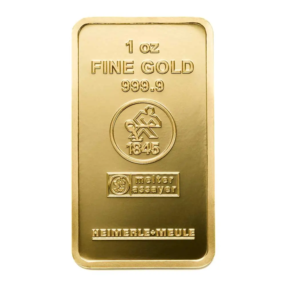 Detailaufnahme der Vorderseite eines geprägten 1 Unze Goldbarrens von Heimerle + Meule mit Gewichts- und Reinheitsangabe.
