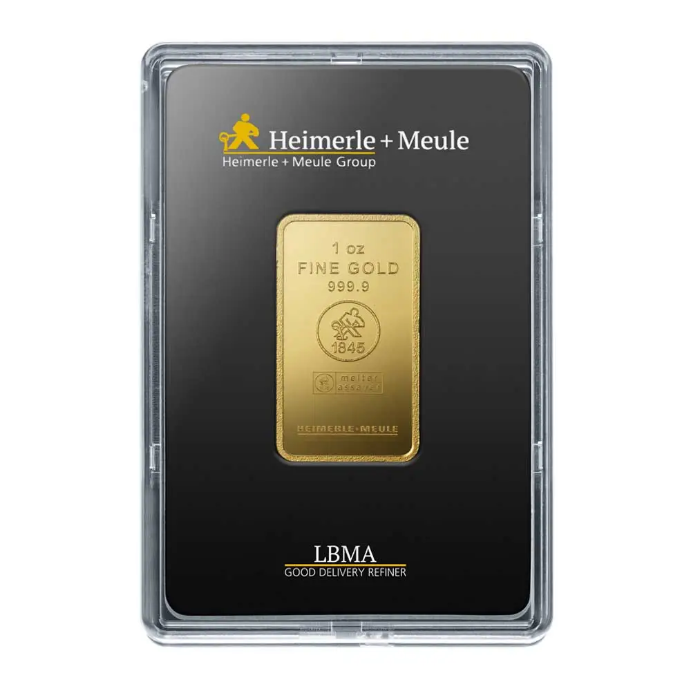 1 Unze Goldbarren von Heimerle + Meule sicher verpackt in einer schwarzen Kapsel mit LBMA-Zertifikatshinweis.