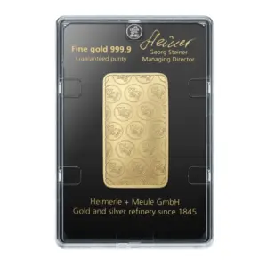 Rückseite der Sicherheitskapsel für den 50 g Goldbarren mit Unterschrift der Geschäftsführung und technischem Zertifikat.