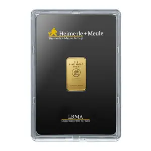 5 Gramm Goldbarren von Heimerle + Meule sicher verpackt in einer schwarzen Kapsel mit LBMA-Zertifikatshinweis.