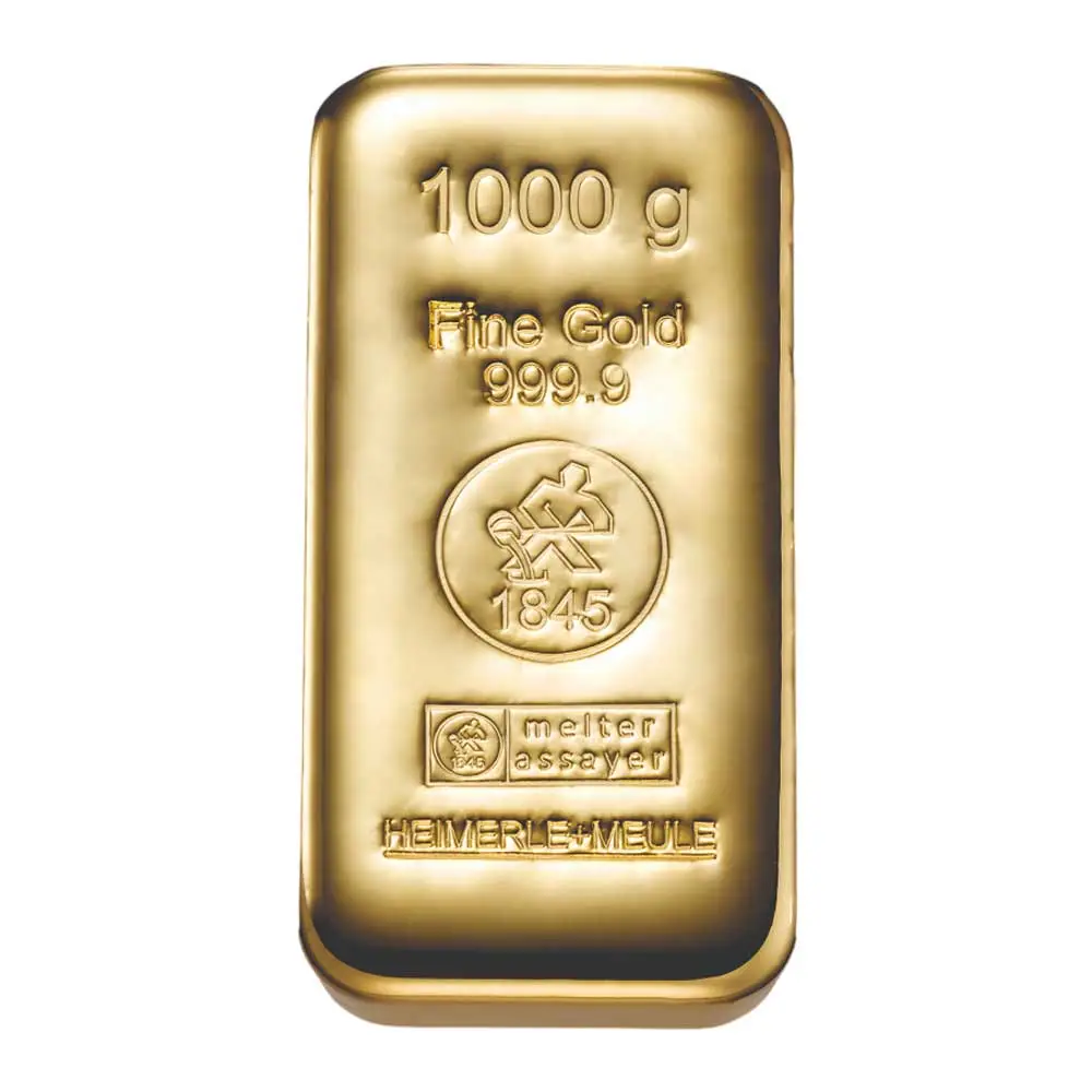 Detailaufnahme der Vorderseite eines gegossenen 1000 Gramm Goldbarrens von Heimerle + Meule mit Gewichts- und Reinheitsangabe.