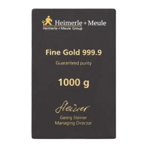 Rückseite der Sicherheitsverpackung für den gegossenen 1000 g Goldbarren mit technischen Daten und Unterschrift der Geschäftsführung.