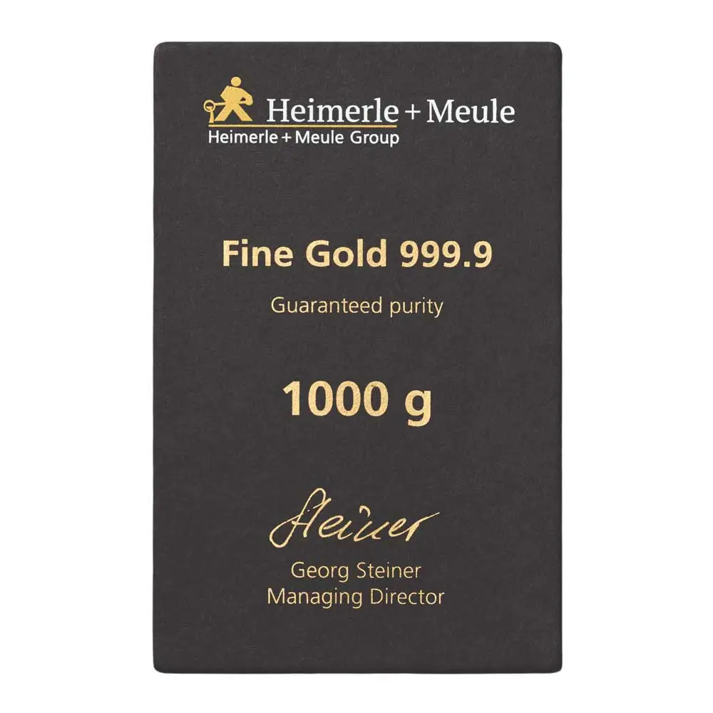 Rückseite der Sicherheitsverpackung für den gegossenen 1000 g Goldbarren mit technischen Daten und Unterschrift der Geschäftsführung.