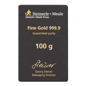 Rückseite der Blisterkarte für den gegossenen 100 g Goldbarren mit technischen Daten und Unterschrift der Geschäftsführung.