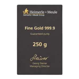 Rückseite der Blisterkarte für den gegossenen 250 g Goldbarren mit technischen Daten und Unterschrift der Geschäftsführung.