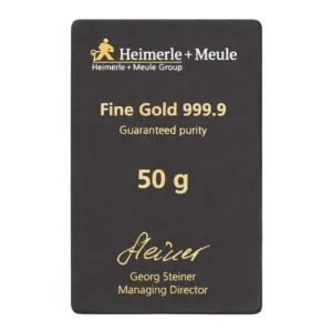 Rückseite der Blisterkarte für den gegossenen 50 g Goldbarren mit technischen Daten und Unterschrift der Geschäftsführung.