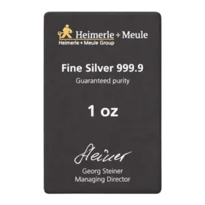 Rückseite der Blisterkarte für den 1 oz Silberbarren mit Angaben zum Feingehalt 999,9 und der Unterschrift der Geschäftsführung.