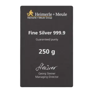 Rückseite der CertiCard für den 250 g Silberbarren mit technischen Spezifikationen und autorisierter Unterschrift.