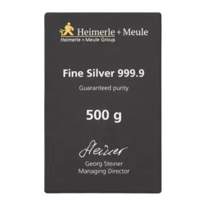 Rückseite der CertiCard für den 500 g Silberbarren mit technischen Spezifikationen und autorisierter Unterschrift.