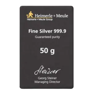 Rückseite der Blisterkarte für den 50 g Silberbarren mit Angaben zum Feingehalt 999,9 und der Unterschrift der Geschäftsführung.