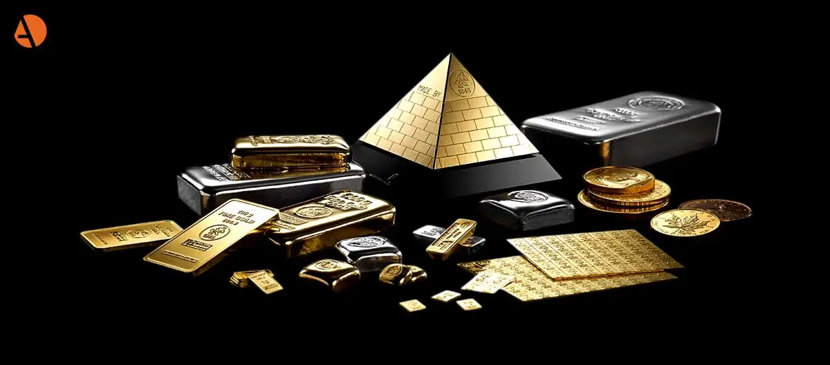 Diverse Goldbarren, Edelmetallbarren und Goldmünzen